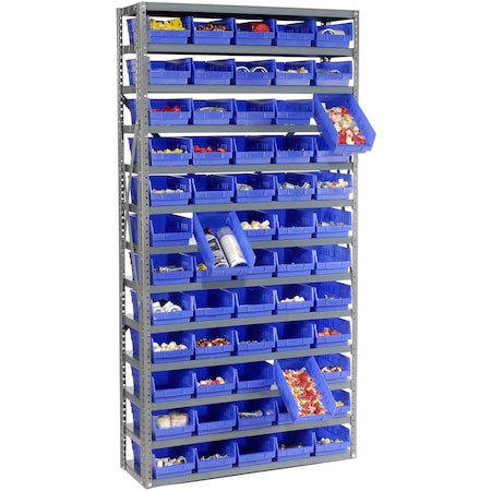 Global Industrial Steel Shelving with 60 4inH Plastic Shelf Bins Blue, 36x12x73-13 Shelves 603440BL